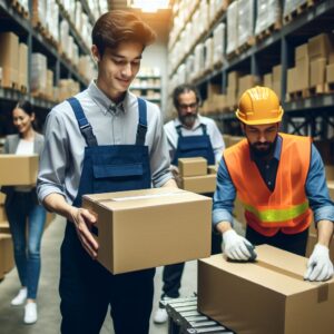 4 people carrying, Packing Industrial Cardboard Boxes in the warehouse