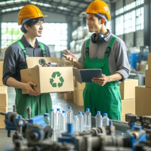 Two industrial people discussing about Sustainability and Cardboard Boxes.