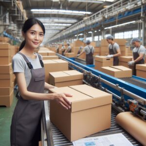 Girl Showing how Industrial Cardboard Boxes Are Made
