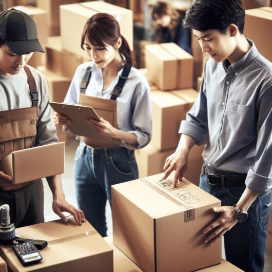 Three People discussing about Industrial Cardboard Boxes for their business need.