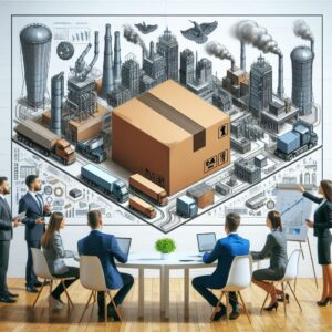 seven People discussing about with graphs the "Future of Industrial Cardboard Boxes."