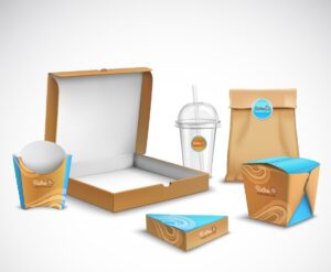 An assortment of various food packaging types, including corrugated boxes, flexible packaging pouches, and foam trays, showcasing the diversity in food packaging solutions BlueRose Packaging offers