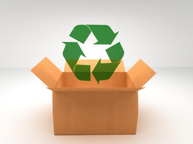 Open cardboard box with recycle symbol.