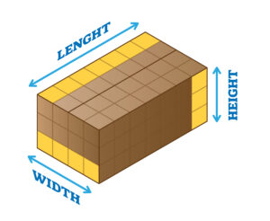 Length, width, height measurement example scheme vector illustration. 3D isometric box model block with proportional panes as guide for dimensions.